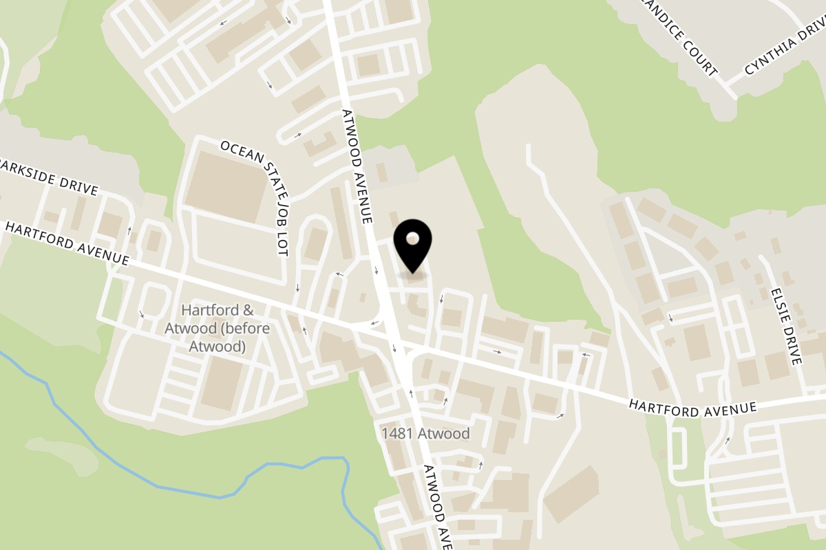 Map showing the location of Bomb Chicken Parm on 1501 Atwood Ave Unit 6 in Johnston